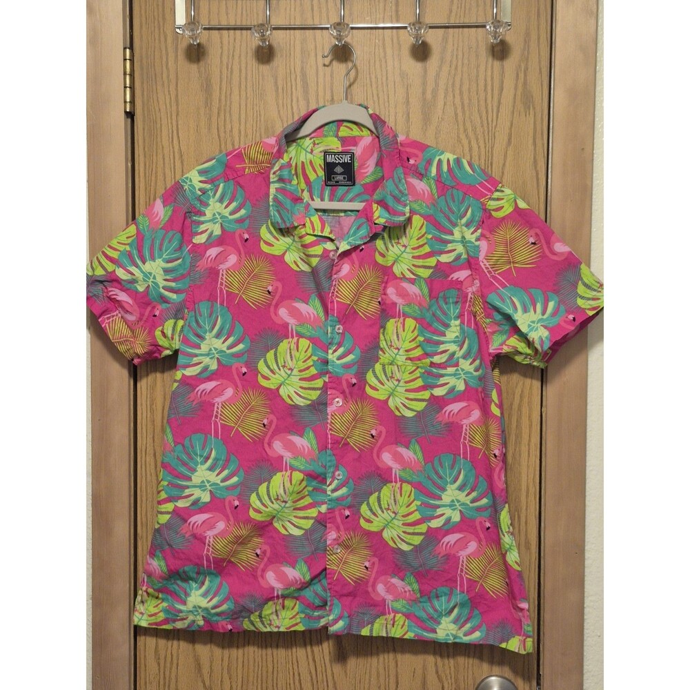 Massive Men's Pink Green Leaf & Flamingo Short Sleeve Button Down Shirt,Size L